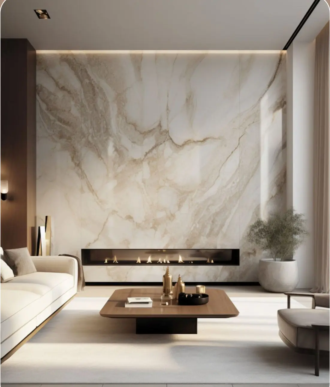 Living room with a marble-look laminate feature wall