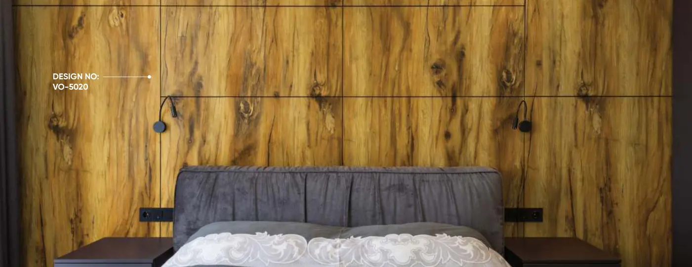 Rustic woodgrain bed wall finished in laminate